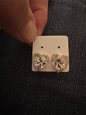 Gold Heart Stud Earrings with Clear Crystal Center